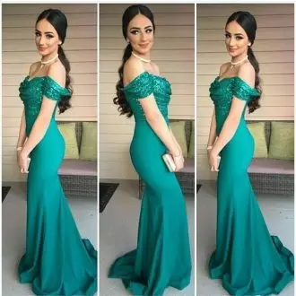 Satin Off The Shoulder Sleeveless Brush Train Ruching Prom Party Dress in Green