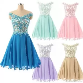 Off The Shoulder Sleeveless Zipper Prom Evening Gown Blue Chiffon Lace