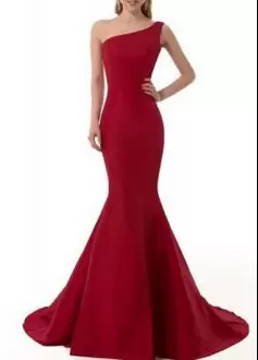 Custom Design Red One Shoulder Lace Up Beading and Lace Homecoming Dress Online Sweep Train Sleeveless