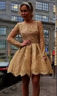Sophisticated Scoop Long Sleeves Lace Up Beading and Lace Homecoming Gowns in Gold