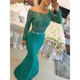 Long Sleeves Lace Floor Length Side Zipper Homecoming Dress in Green with Appliques and Belt