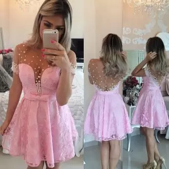 Pink Prom Party Dress Prom and Party and Military Ball with Beading and Lace Scoop Short Sleeves