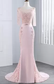 Pink Satin Lace Up Prom Dresses 3 4 Length Sleeve Sweep Train Lace