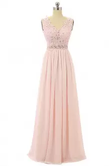 Noble V-neck Sleeveless Homecoming Dress Floor Length Beading Pink Chiffon