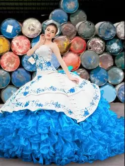 Floor Length Blue And White Quinceanera Dresses Halter Top Sleeveless Lace Up