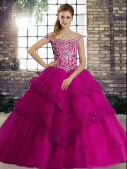 Fuchsia Tulle Lace Up Quinceanera Gowns Sleeveless Brush Train Beading and Lace