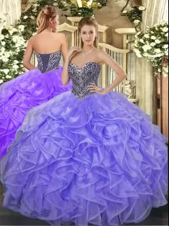 Lavender Organza Lace Up Sweet 16 Dresses Sleeveless Floor Length Beading and Ruffles