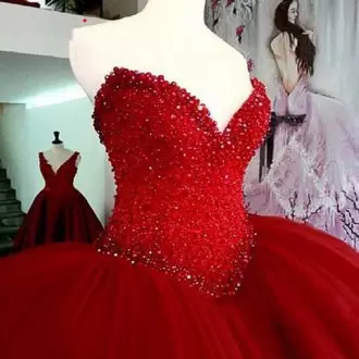 Top Selling Red Puffy Tulle Sweet 16 Quinceanera Dress V Neckline Beaded Bodice