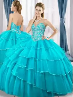 Aqua Blue Lace Up Sweetheart Beading and Ruffled Layers 15 Quinceanera Dress Tulle Sleeveless