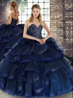 Popular Floor Length Navy Blue Quinceanera Gown Sweetheart Sleeveless Lace Up