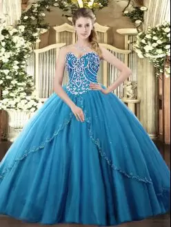 Blue Ball Gowns Sweetheart Sleeveless Tulle Brush Train Lace Up Beading 15th Birthday Dress