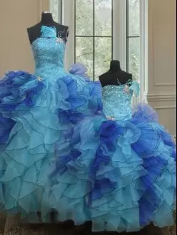 Blue 15 Quinceanera Dress Military Ball and Sweet 16 and Quinceanera with Beading and Ruffles Strapless Sleeveless Lace Up