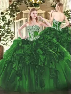 Vintage Beading and Ruffles Quinceanera Gowns Dark Green Lace Up Sleeveless Floor Length