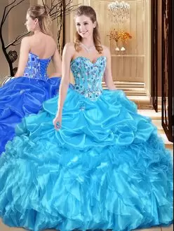 Unique Floor Length Aqua Blue Ball Gown Prom Dress Sweetheart Sleeveless Lace Up