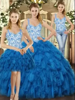Blue Three Pieces Beading and Ruffles 15 Quinceanera Dress Lace Up Organza Sleeveless Floor Length