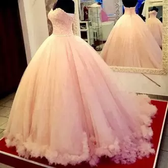 Floor Length Pink 15th Birthday Dress Tulle Sleeveless Beading and Embroidery and Hand Made Flower