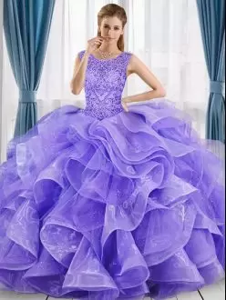 Enchanting Scoop Sleeveless Lace Up Sweet 16 Dresses Lavender Organza and Tulle Beading