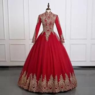Elegant Unique Red Quinceanera Dress with Gold Appliques High-neck Long Sleeves Zipper Back