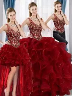 Popular Floor Length Wine Red Sweet 16 Dress V-neck Sleeveless Lace Up