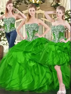 Luxurious Sweetheart Sleeveless Lace Up Quinceanera Dress Green Organza Ruffles
