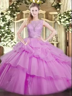 Lilac Ball Gowns Organza Scoop Sleeveless Lace and Ruffled Layers Floor Length Backless Quince Ball Gowns