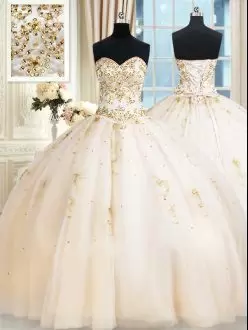 Nice Champagne Ball Gowns Tulle Sweetheart Sleeveless Beading Floor Length Lace Up Quinceanera Gown