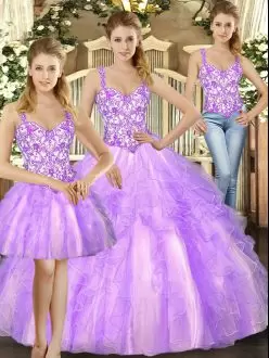 Most Popular Straps Sleeveless Lace Up Sweet 16 Dresses Lilac Organza Beading and Ruffles