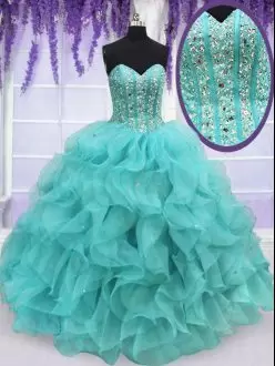 Beauteous Aqua Blue Ball Gowns Organza Sweetheart Sleeveless Beading and Ruffles Floor Length Lace Up Quince Ball Gowns