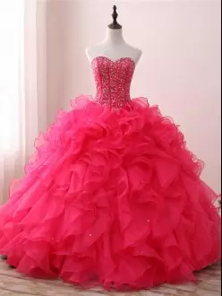 Luxury Hot Pink Ball Gowns Organza Sweetheart Sleeveless Beading and Ruffles Floor Length Lace Up Sweet 16 Dresses