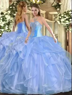 Baby Blue Ball Gowns Beading and Ruffles 15th Birthday Dress Lace Up Organza Sleeveless Floor Length