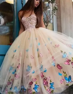 Smart Champagne Ball Gowns Tulle Sweetheart Sleeveless Lace and Pattern Floor Length Lace Up 15 Quinceanera Dress