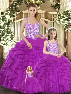 Noble Fuchsia Sleeveless Organza Lace Up 15th Birthday Dress for Military Ball and Sweet 16 and Quinceanera