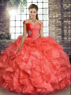 Floor Length Lace Up 15th Birthday Dress Coral Red for Military Ball and Sweet 16 and Quinceanera with Beading and Ruffles