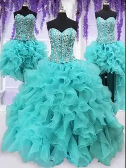 New Style Aqua Blue Sleeveless Beading and Ruffles Floor Length Quince Ball Gowns