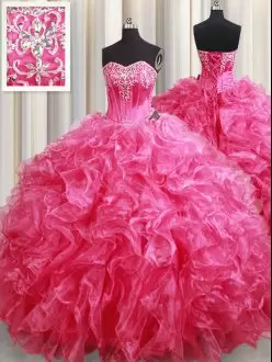 Organza Sleeveless With Train Quinceanera Gown Brush Train and Beading and Ruffles