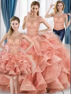 Peach Sleeveless Beading and Ruffles Floor Length Sweet 16 Dress