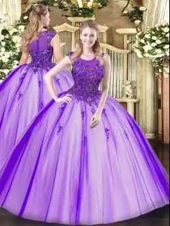 Traditional Purple Quince Dress Military Ball Gown with Beaded Scoop Neckline Zipper Back