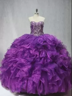 Dynamic Sleeveless Organza Brush Train Lace Up Quinceanera Gown in Purple with Beading and Ruffles