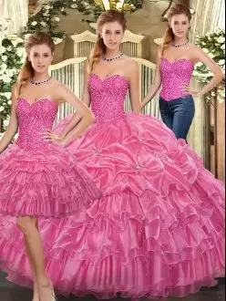 Rose Pink Sleeveless Floor Length Beading and Ruffles Lace Up Quince Ball Gowns Sweetheart