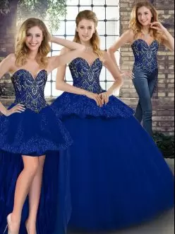 Cheap Sweetheart Sleeveless Sweet 16 Quinceanera Dress Floor Length Beading and Appliques Royal Blue Tulle