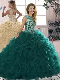 Scoop Sleeveless Quinceanera Dresses Floor Length Beading and Ruffles Peacock Green Organza