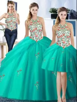 3 Pieces Turquoise Tulle See Through Halter Top Detachable Quinceanera Dress with Colorful Embroidery