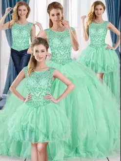 Pretty Floor Length Lace Up 15th Birthday Dress Apple Green for Quinceanera with Beading