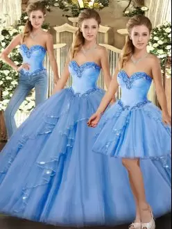 High Quality Baby Blue Sleeveless Organza Lace Up Quinceanera Gown for Military Ball and Sweet 16 and Quinceanera