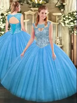 Baby Blue Lace Up Ball Gown Prom Dress Beading Sleeveless Floor Length