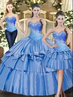 Classical Baby Blue Sleeveless Floor Length Beading and Ruffled Layers Lace Up Quinceanera Gown Sweetheart