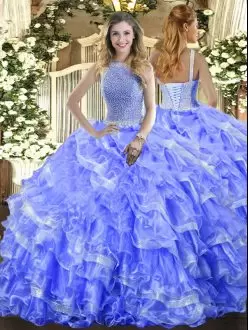 Sleeveless High-neck Lace Up Floor Length Beading and Ruffled Layers Quinceanera Dresses High-neck
