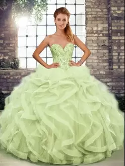 Fantastic Yellow Green Tulle Lace Up 15 Quinceanera Dress Sleeveless Floor Length Beading and Ruffles