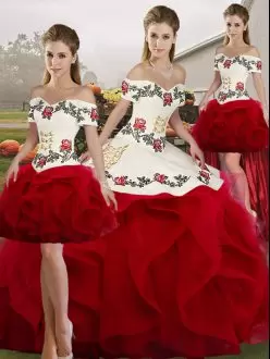 White And Red Off The Shoulder Neckline Embroidery and Ruffles Quinceanera Gowns Sleeveless Lace Up