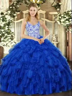 Discount Straps Sleeveless 15 Quinceanera Dress Floor Length Beading and Ruffles Royal Blue Organza